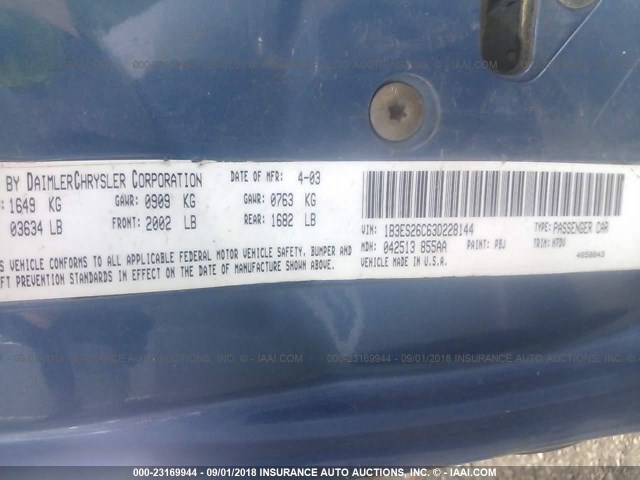 1B3ES26C63D228144 - 2003 DODGE NEON SE BLUE photo 9