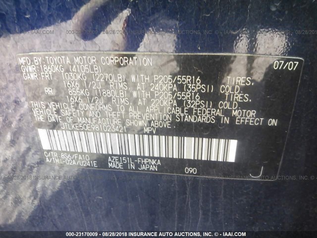 JTLKE50E981023421 - 2008 TOYOTA SCION XB Blau Foto 9