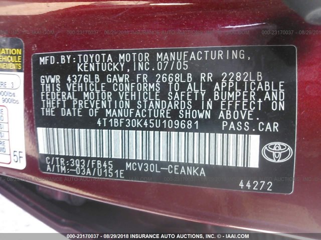 4T1BF30K45U109681 - 2005 TOYOTA CAMRY LE/XLE/SE Qırmızı foto 9