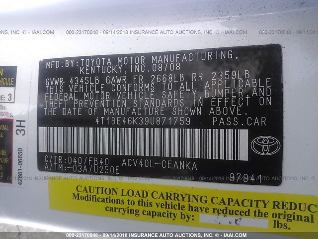 4T1BE46K39U871759 - 2009 TOYOTA CAMRY SE/LE/XLE 白色 照片 9