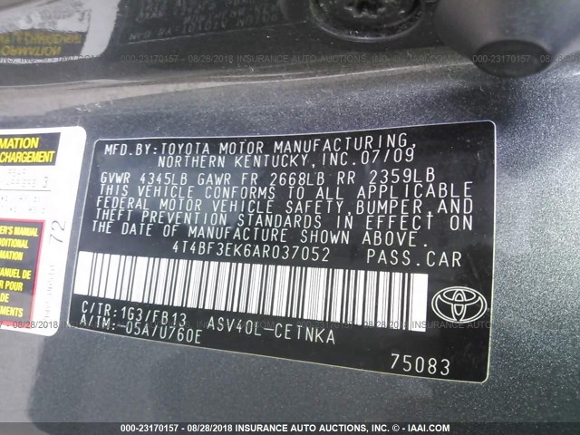 4T4BF3EK6AR037052 - 2010 TOYOTA CAMRY SE/LE/XLE GRAY photo 9