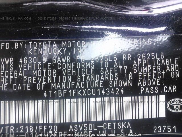 4T1BF1FKXCU143424 - 2012 TOYOTA CAMRY SE/LE/XLE BLACK photo 9