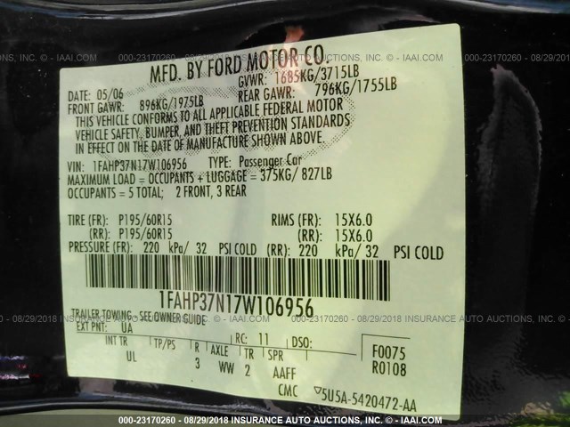 1FAHP37N17W106956 - 2007 FORD FOCUS ZX5/S/SE/SES 黑色 照片 9