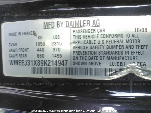 WMEEJ31X89K214947 - 2009 SMART FORTWO PURE/PASSION BLACK photo 9