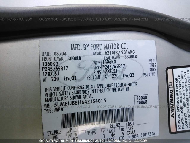 5LMEU88H64ZJ54015 - 2004 LINCOLN AVIATOR 银色 照片 9