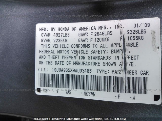 19UUA965X9A003485 - 2009 ACURA TL GRAY photo 9