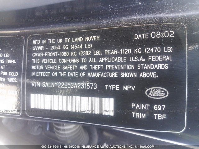 SALNY22253A231573 - 2003 LAND ROVER FREELANDER SE BLACK photo 9