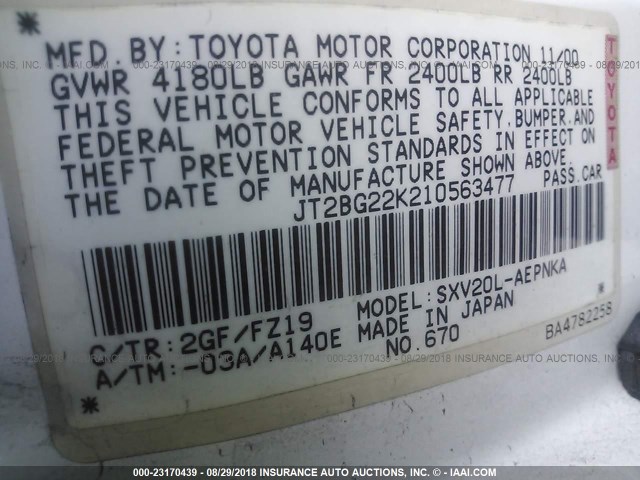 JT2BG22K210563477 - 2001 TOYOTA CAMRY CE/LE/XLE 白色 照片 9