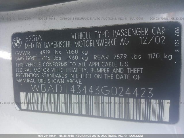 WBADT43443G024423 - 2003 BMW 525 I AUTOMATIC SILVER photo 9