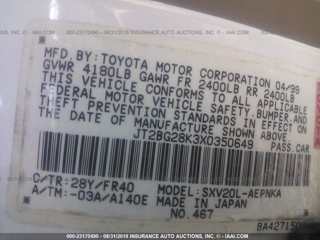 JT2BG28K3X0350649 - 1999 TOYOTA CAMRY LE/XLE Ağ foto 9