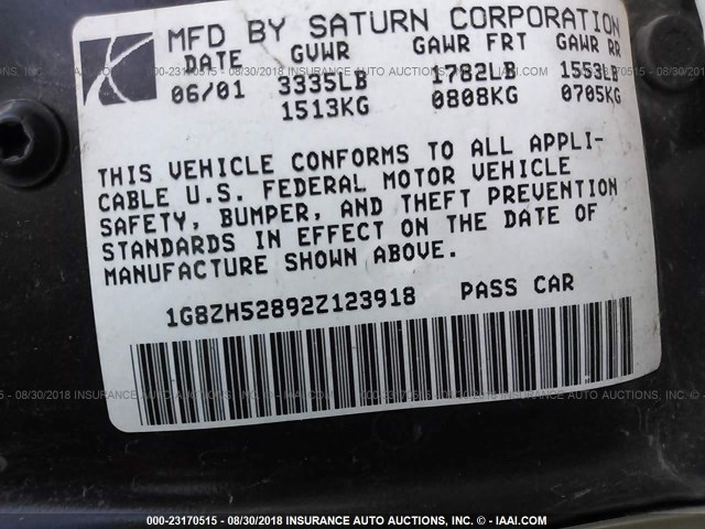 1G8ZH52892Z123918 - 2002 SATURN SL1 GOLD photo 9