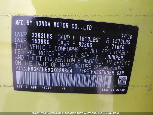 JHMGK5H59GX028854 - 2016 HONDA FIT LX YELLOW photo 9