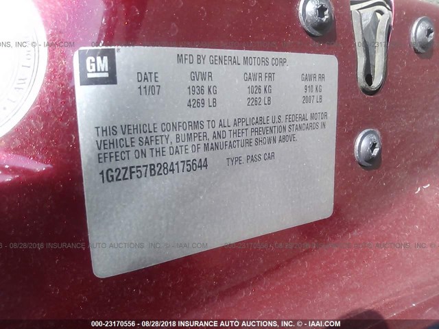 1G2ZF57B284175644 - 2008 PONTIAC G6 VALUE LEADER/BASE BURGUNDY photo 9