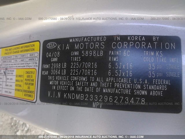 KNDMB233296273478 - 2009 KIA SEDONA EX/LX SILVER photo 9