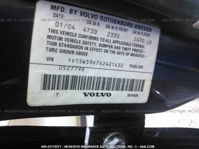 YV1SW59V742421432 - 2004 VOLVO V70 FWD BLUE photo 9