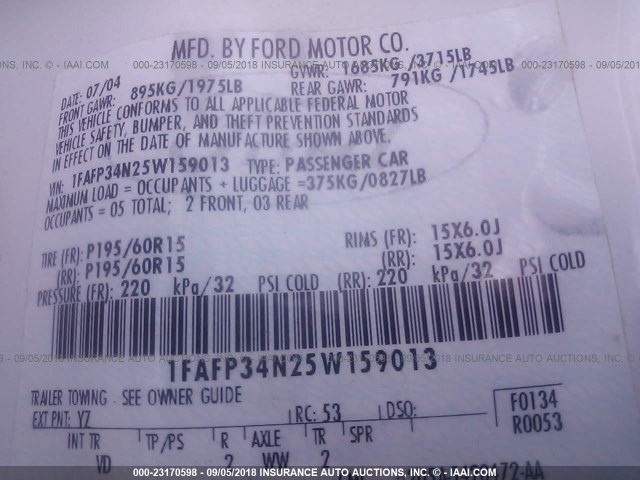 1FAFP34N25W159013 - 2005 FORD FOCUS ZX4 თეთრი ფოტო 9