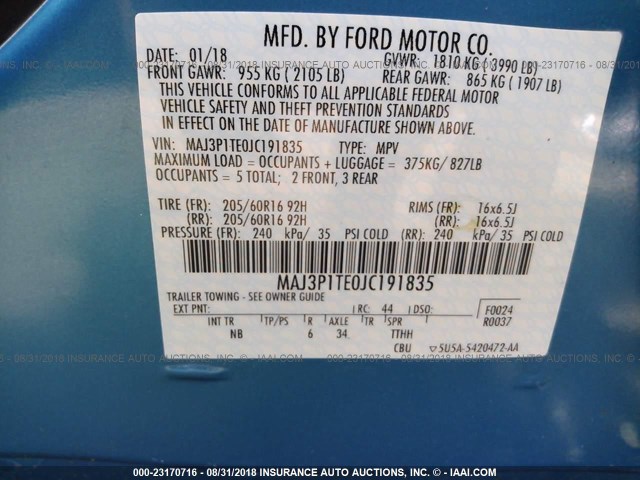 MAJ3P1TE0JC191835 - 2018 FORD ECOSPORT SE BLUE photo 9