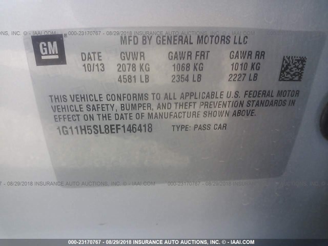 1G11H5SL8EF146418 - 2014 CHEVROLET MALIBU LTZ 银色 照片 9