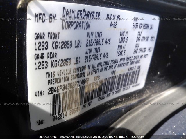 2B4GP34362R714849 - 2002 DODGE GRAND CARAVAN EL BLUE photo 9