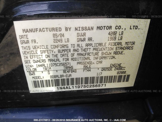 1N4AL11D75C256571 - 2005 NISSAN ALTIMA S/SL BLUE photo 9