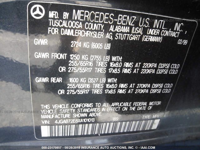 4JGAB72E8XA101013 - 1999 MERCEDES-BENZ ML 430 蓝色 照片 9