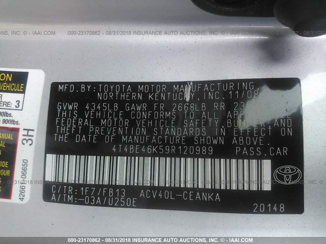 4T4BE46K59R120989 - 2009 TOYOTA CAMRY SE/LE/XLE SILVER photo 9