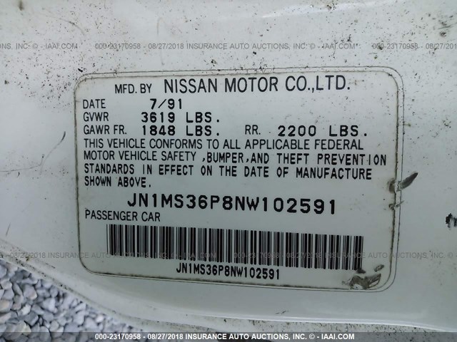 JN1MS36P8NW102591 - 1992 NISSAN 240SX WHITE photo 9