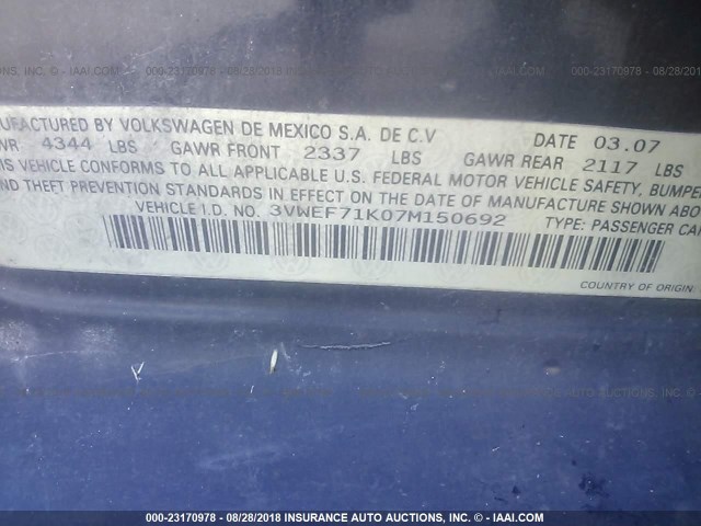 3VWEF71K07M150692 - 2007 VOLKSWAGEN JETTA WOLFSBURG 黑色 照片 9