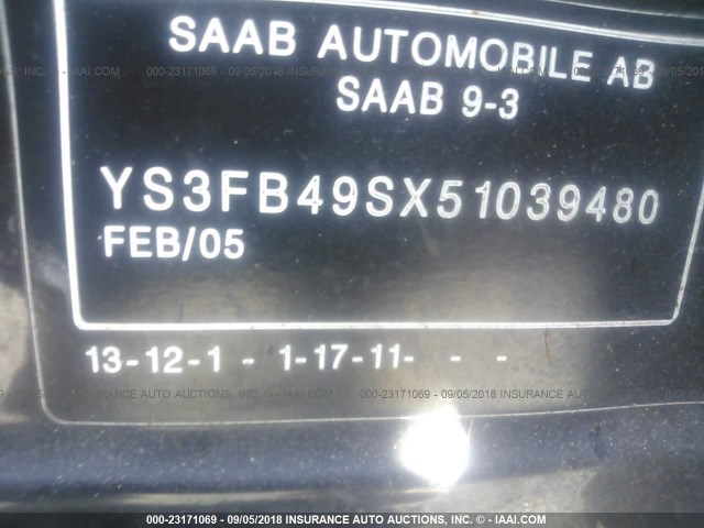 YS3FB49SX51039480 - 2005 SAAB 9-3 LINEAR BLACK photo 9