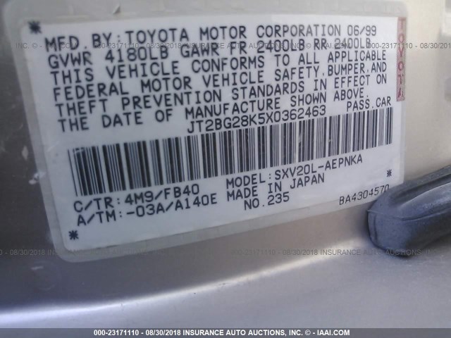 JT2BG28K5X0362463 - 1999 TOYOTA CAMRY LE/XLE TAN photo 9