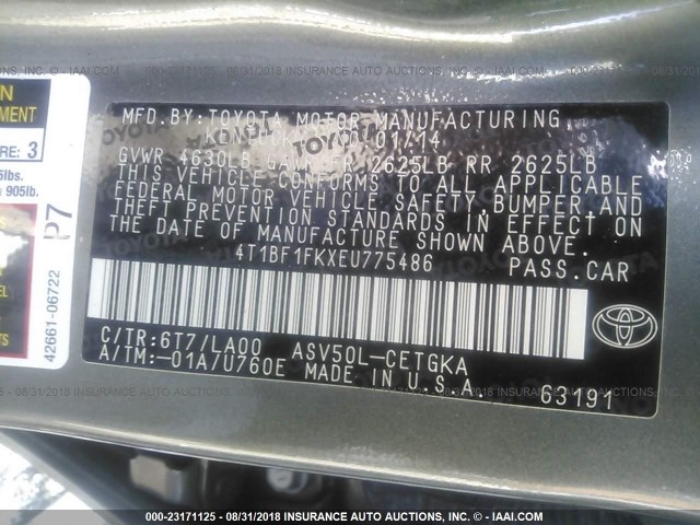 4T1BF1FKXEU775486 - 2014 TOYOTA CAMRY L/SE/LE/XLE მწვანე ფოტო 9