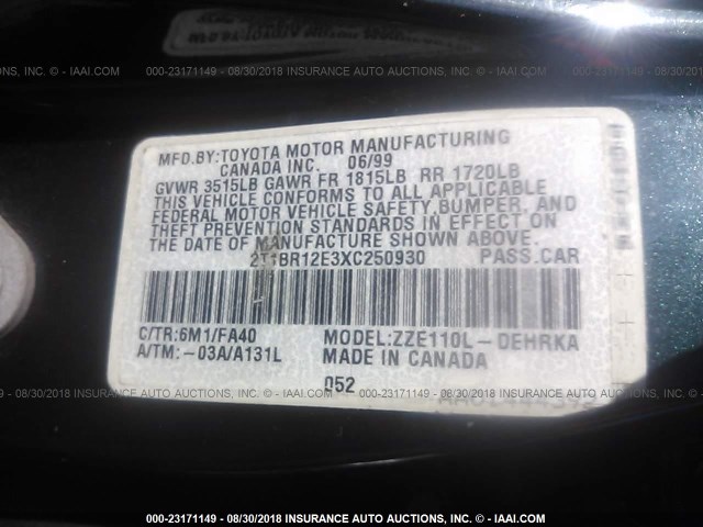 2T1BR12E3XC250930 - 1999 TOYOTA COROLLA VE/CE/LE 绿色 照片 9