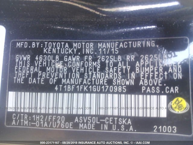 4T1BF1FK1GU170985 - 2016 TOYOTA CAMRY LE/XLE/SE/XSE 深蓝色 照片 9