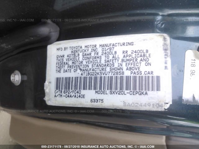 4T1BG22K5VU772858 - 1997 TOYOTA CAMRY CE/LE/XLE 绿色 照片 9