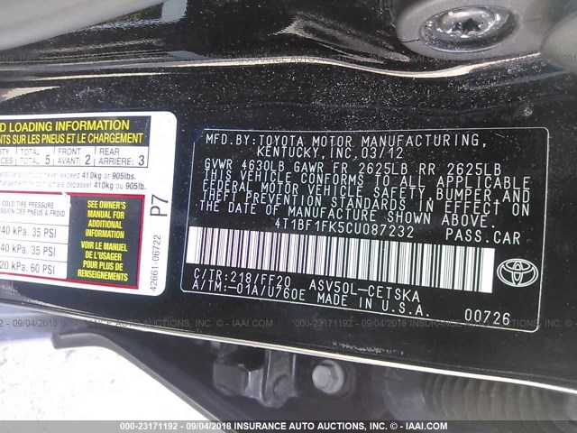 4T1BF1FK5CU087232 - 2012 TOYOTA CAMRY SE/LE/XLE შავი ფოტო 9