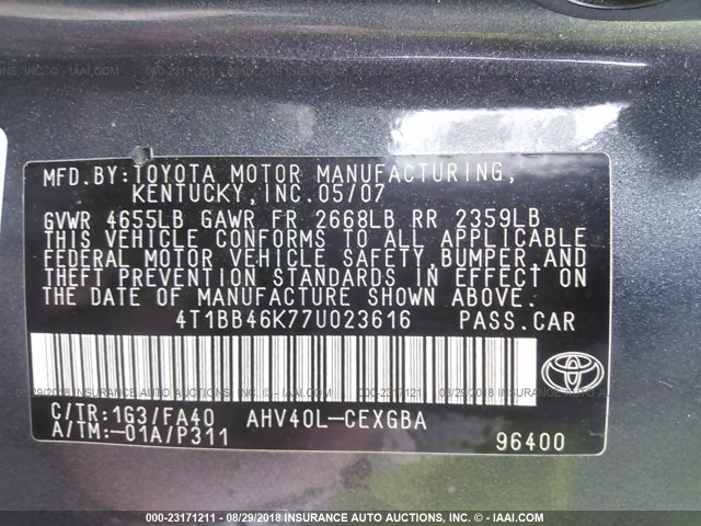 4T1BB46K77U023616 - 2007 TOYOTA CAMRY NEW GENERATION HYBRID GRAY photo 9