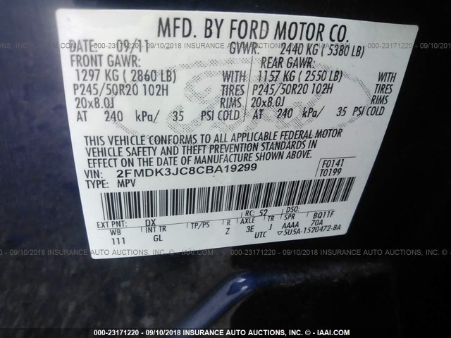 2FMDK3JC8CBA19299 - 2012 FORD EDGE SEL BLUE photo 9