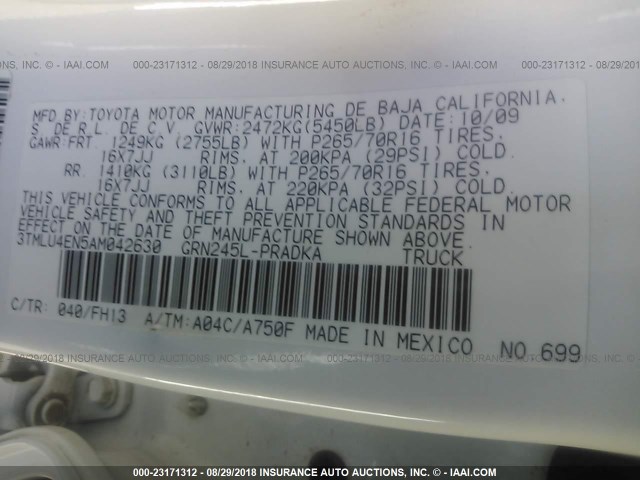 3TMLU4EN5AM042630 - 2010 TOYOTA TACOMA DOUBLE CAB თეთრი ფოტო 9