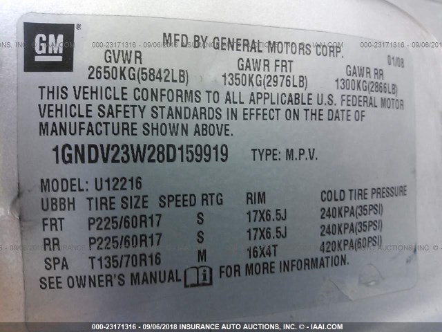 1GNDV23W28D159919 - 2008 CHEVROLET UPLANDER LS SILVER photo 9