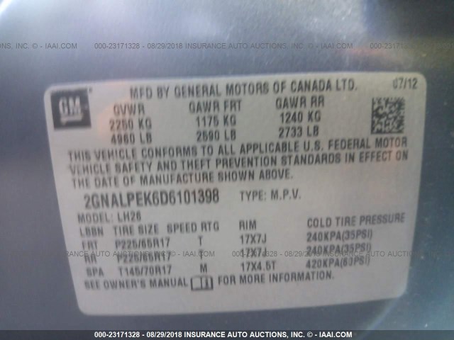 2GNALPEK6D6101398 - 2013 CHEVROLET EQUINOX LT BLUE photo 9