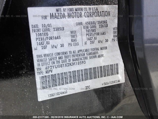 4F2YU081X2KM18593 - 2002 MAZDA TRIBUTE LX/ES შავი ფოტო 9