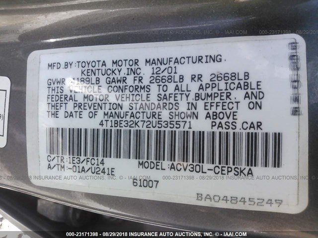 4T1BE32K72U535571 - 2002 TOYOTA CAMRY LE/XLE/SE Сұр фото 9