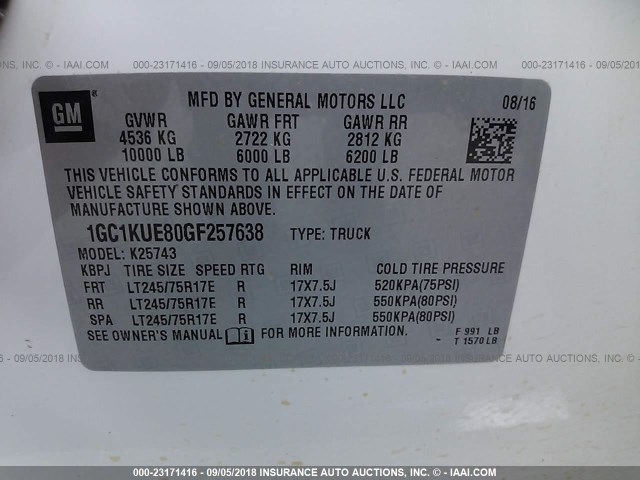 1GC1KUE80GF257638 - 2016 CHEVROLET SILVERADO K2500 HEAVY DUTY WHITE photo 9