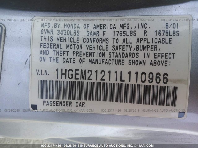 1HGEM21211L110966 - 2001 HONDA CIVIC DX SILVER photo 9