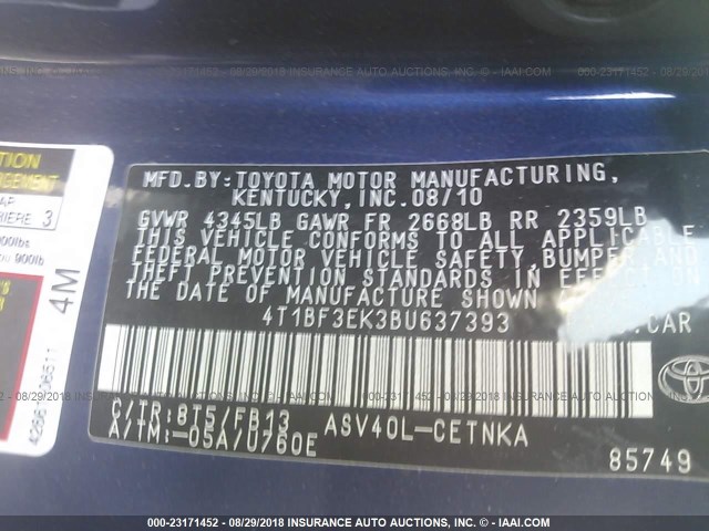 4T1BF3EK3BU637393 - 2011 TOYOTA CAMRY SE/LE/XLE ლურჯი ფოტო 9