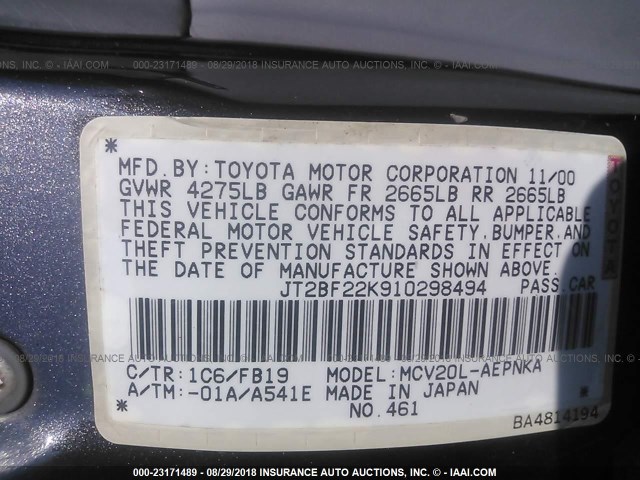 JT2BF22K910298494 - 2001 TOYOTA CAMRY CE/LE/XLE ნაცრისფერი ფოტო 9