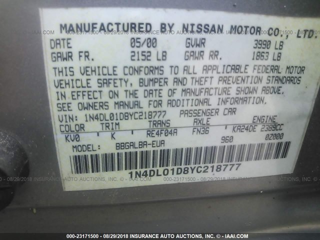 1N4DL01D8YC218777 - 2000 NISSAN ALTIMA XE/GXE/SE/GLE GRAY photo 9