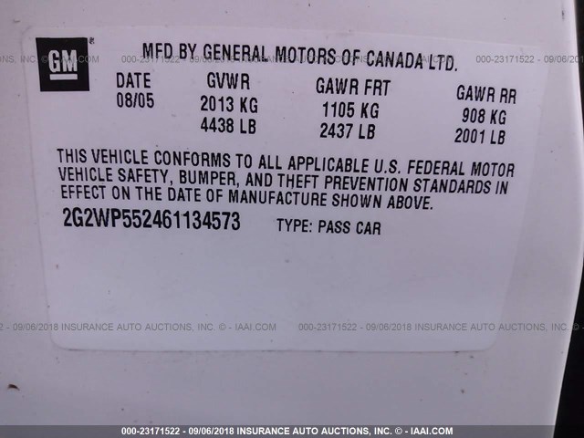 2G2WP552461134573 - 2006 PONTIAC GRAND PRIX WHITE photo 9