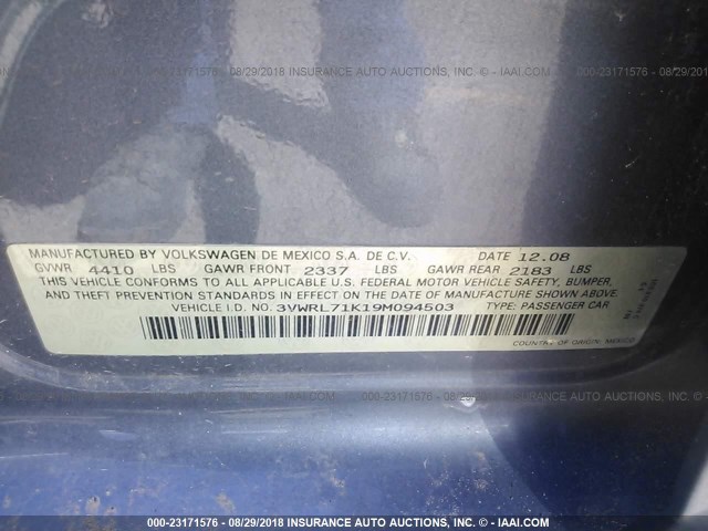 3VWRL71K19M094503 - 2009 VOLKSWAGEN JETTA TDI GRAY photo 9