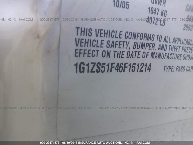 1G1ZS51F46F151214 - 2006 CHEVROLET MALIBU LS 白色 照片 9